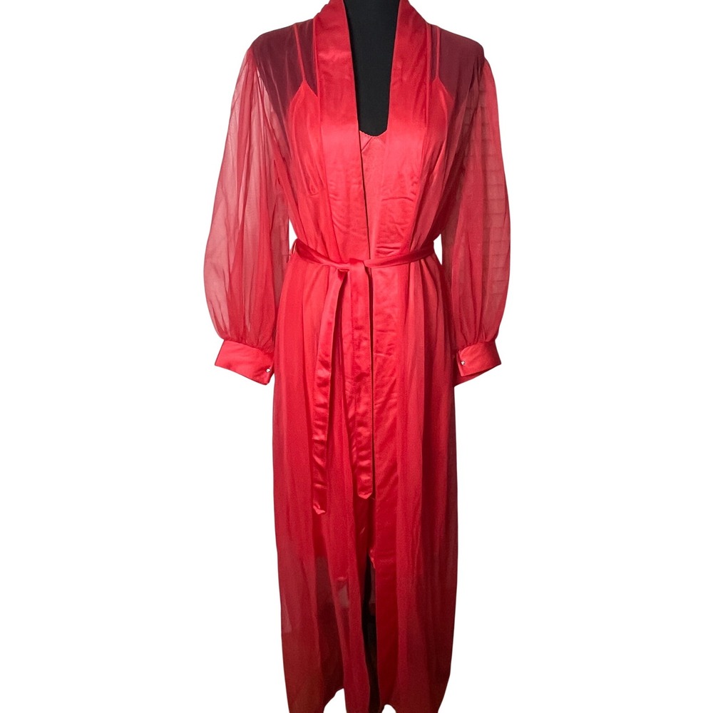 Vintage 60s Lingerie Set Red Nightgown & Robe Glam Boudoir Evening Sz Small